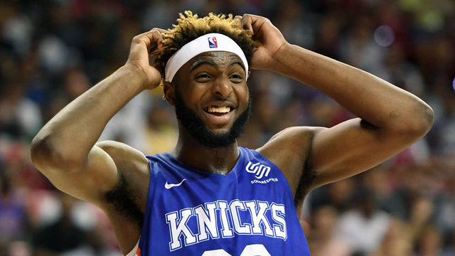 LAS VEGAS, NEVADA - JULY 07: Mitchell Robinson #23 of the New York Knicks reacts on the court during a game against the Phoenix Suns during the 2019 NBA Summer League at the Thomas & Mack Center on July 7, 2019 in Las Vegas, Nevada.