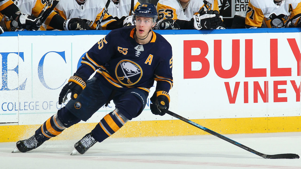 BUFFALO, NY - MARCH 14: Rasmus Ristolainen #55 of the Buffalo Sabres skates during an NHL game against the Pittsburgh Penguins on March 14, 2019 at KeyBank Center in Buffalo, New York.