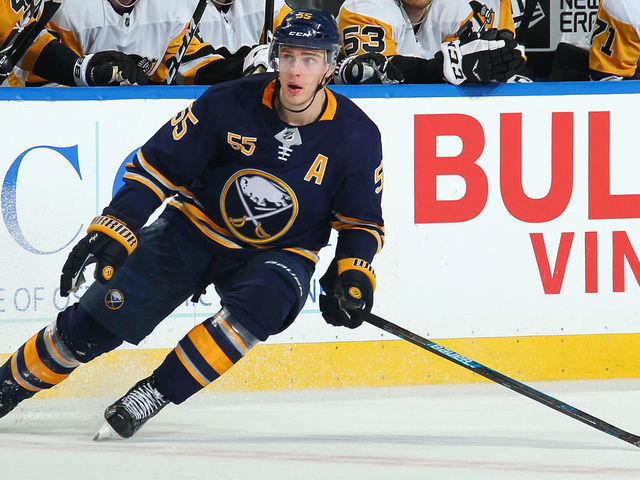 BUFFALO, NY - MARCH 14: Rasmus Ristolainen #55 of the Buffalo Sabres skates during an NHL game against the Pittsburgh Penguins on March 14, 2019 at KeyBank Center in Buffalo, New York.