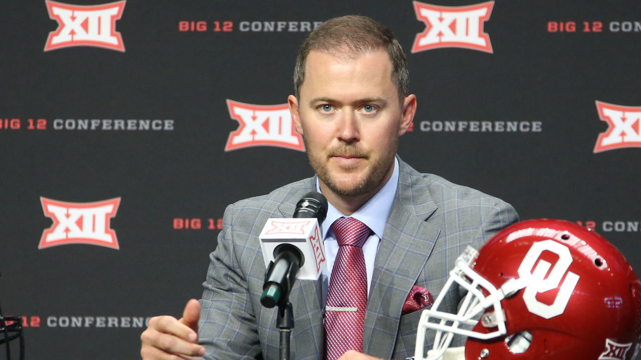 ARLINGTON, TX - JULY 15: Oklahoma head coach Lincoln Riley speaks during the Big 12 Media Days on July 15, 2019 at AT&T Stadium in Arlington, TX.