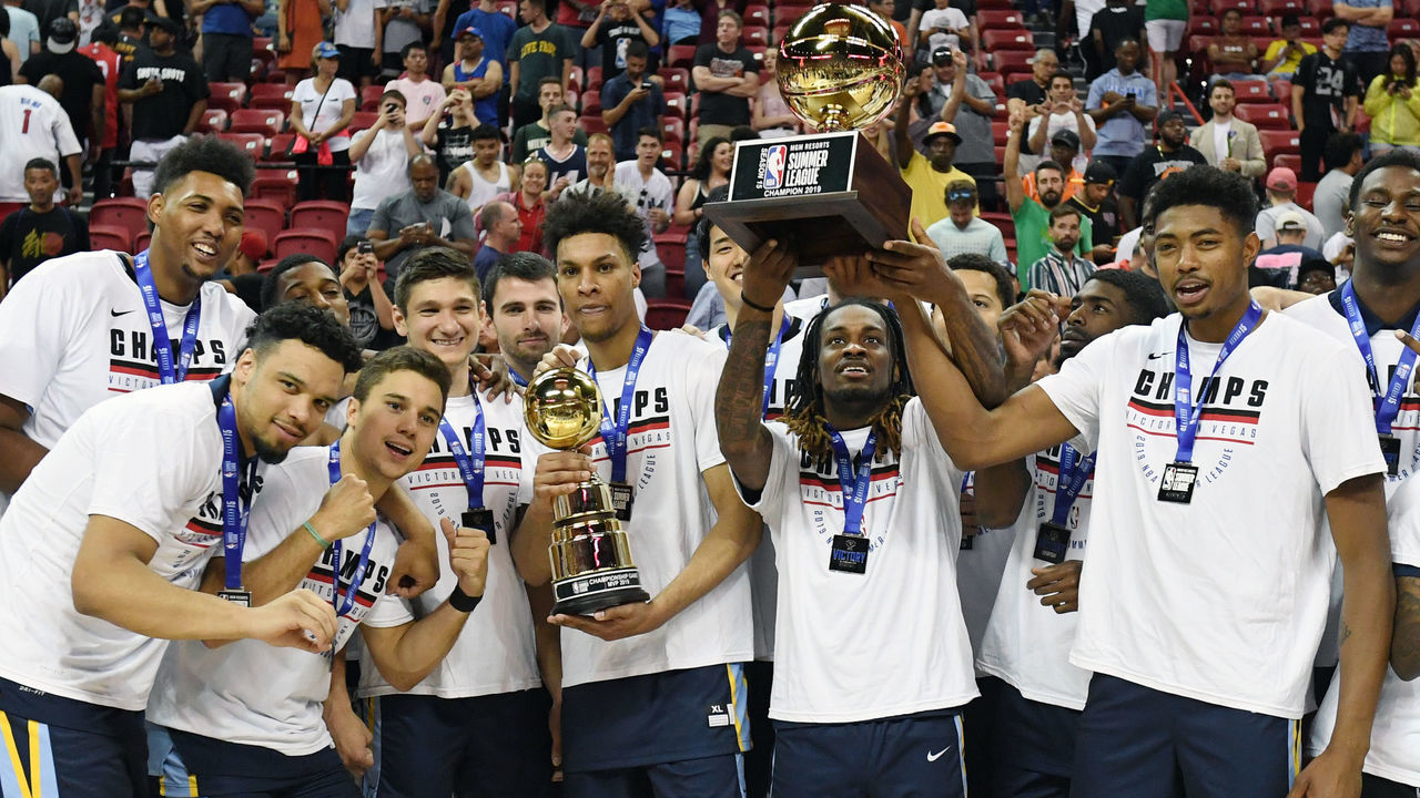LAS VEGAS, NEVADA - JULY 15: The Memphis Grizzlies celebrate the team's 95-92 victory over the Minnesota Timberwolves to win the championship game of the 2019 NBA Summer League at the Thomas & Mack Center on July 15, 2019 in Las Vegas, Nevada.