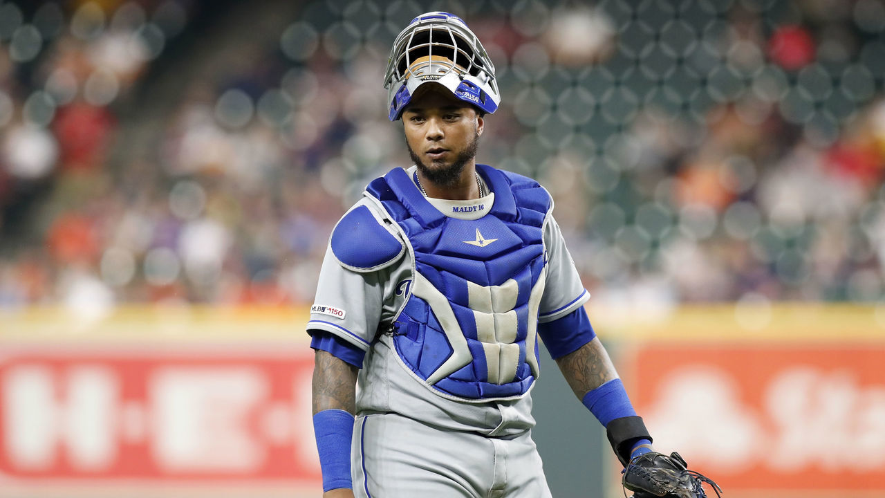 HOUSTON, TX - MAY 08: Martin Maldonado #16 of the Kansas City Royals looks to the dugout in the first inning against the Houston Astros at Minute Maid Park on May 8, 2019 in Houston, Texas.