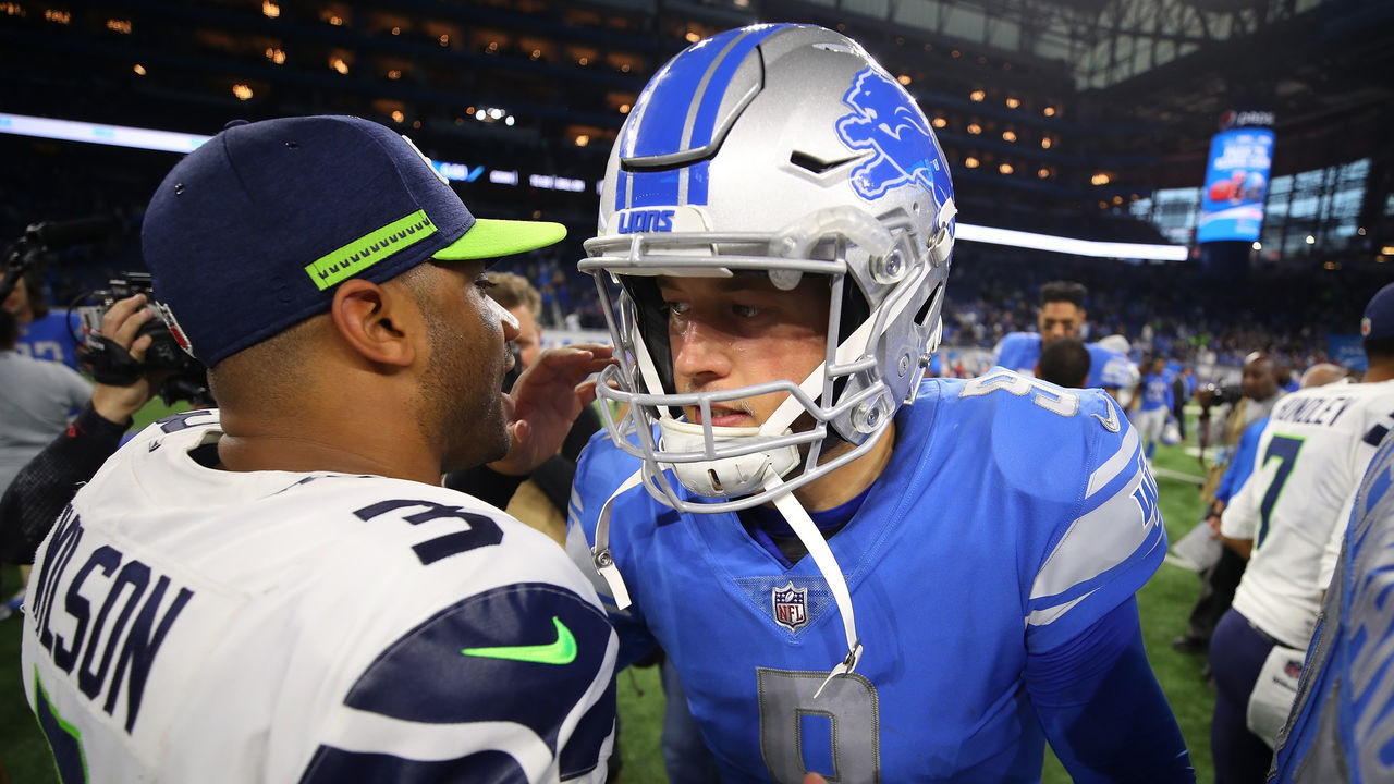DETROIT, MI - OCTOBER 28: Quarterback Russell Wilson #3 of the Seattle Seahawks greets quarterback Matthew Stafford #9 of the Detroit Lions after the Seahawks defeated the Lions 28-14 at Ford Field on October 28, 2018 in Detroit, Michigan.
