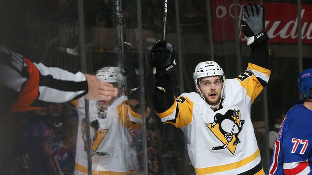 NEW YORK, NY - MARCH 25: Teddy Blueger #53 of the Pittsburgh Penguins reacts after scoring a goal in the third period against the New York Rangers at Madison Square Garden on March 25, 2019 in New York City.