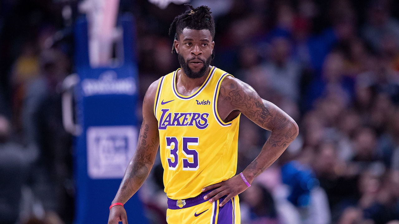 DETROIT, MI - MARCH 15: Reggie Bullock #35 of the Los Angeles Lakers looks to the sidelines during the third quarter of the game against the Detroit Pistons at Little Caesars Arena on March 15, 2019 in Detroit, Michigan. Detroit defeated Los Angeles 111-97.