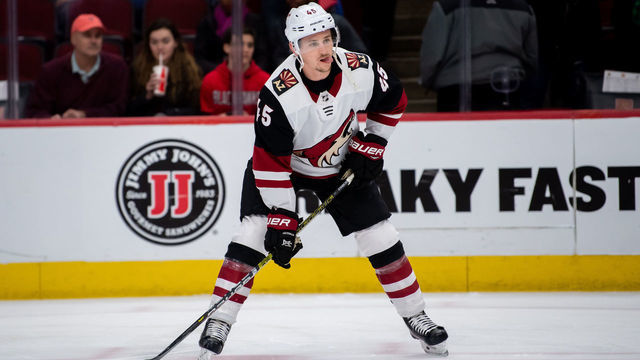 CHICAGO, IL - MARCH 11: Arizona Coyotes right wing Josh Archibald (45) warms up prior to a game against the Chicago Blackhawks on March 11, 2019, at the United Center in Chicago, IL.