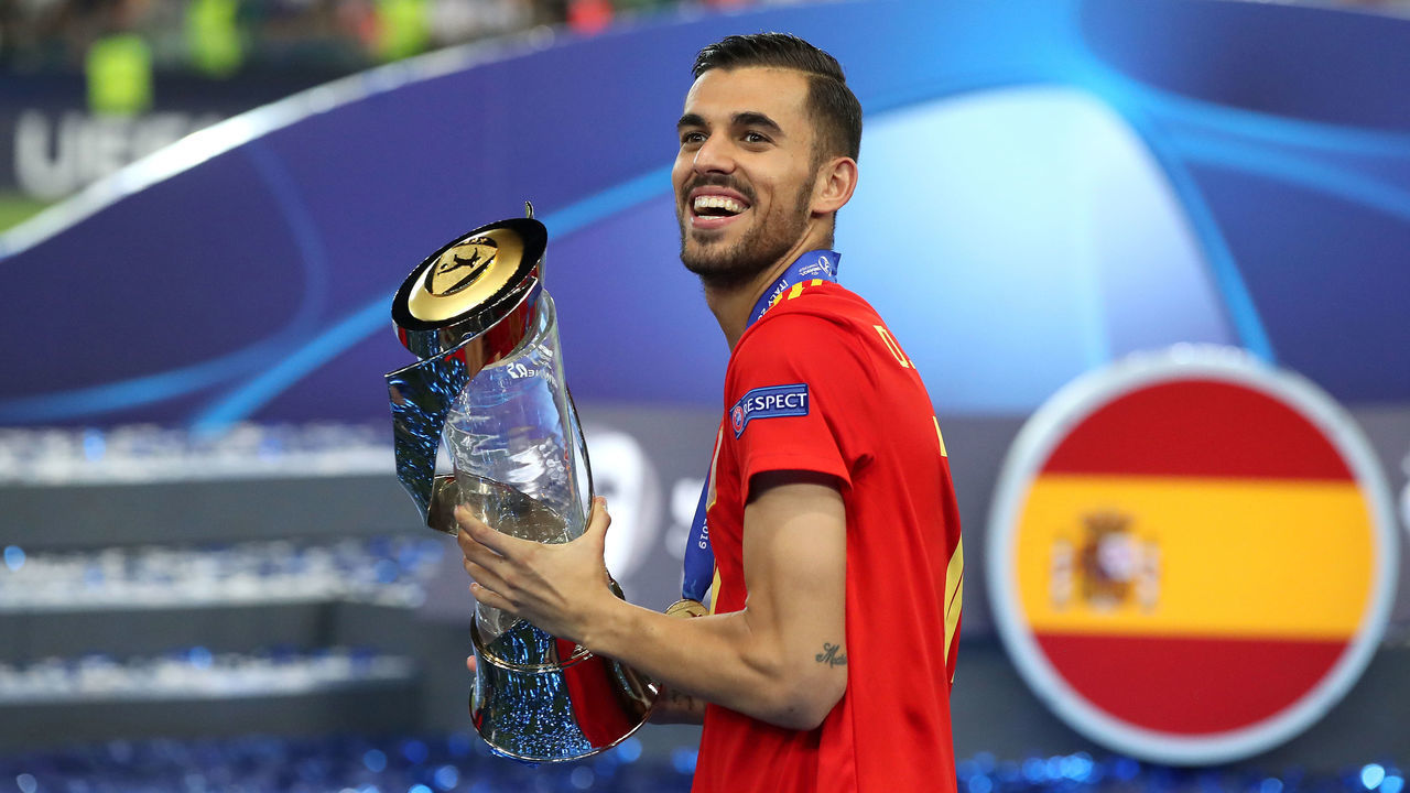 Spain U21's Dani Ceballos celebrates with the trophy after winning the UEFA European Under-21 Championship Final Spain U21 v Germany U21 - UEFA European Under-21 Championship - Final - Stadio Friuli 30-06-2019 .