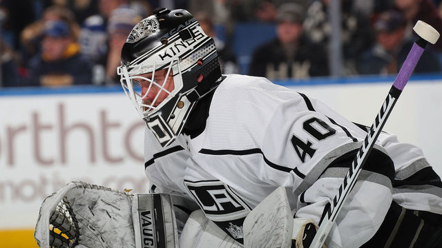 BUFFALO, NY - DECEMBER 11: Cal Petersen #40 of the Los Angeles Kings tends goal during an NHL game against the Buffalo Sabres on December 11, 2018 at KeyBank Center in Buffalo, New York.