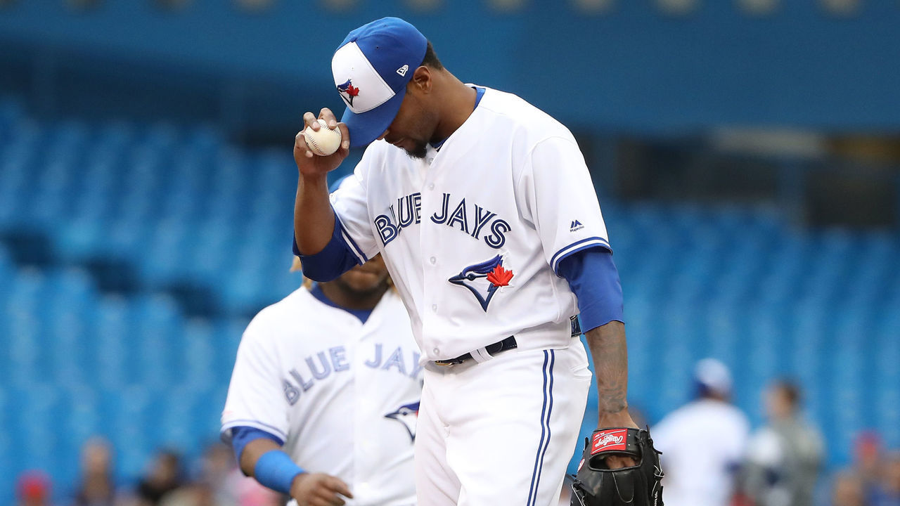 TORONTO, ON - JUNE 17: Edwin Jackson #33 of the Toronto Blue Jays reacts moments before being relieved in the second inning during MLB game action against the Los Angeles Angels of Anaheim at Rogers Centre on June 17, 2019 in Toronto, Canada.