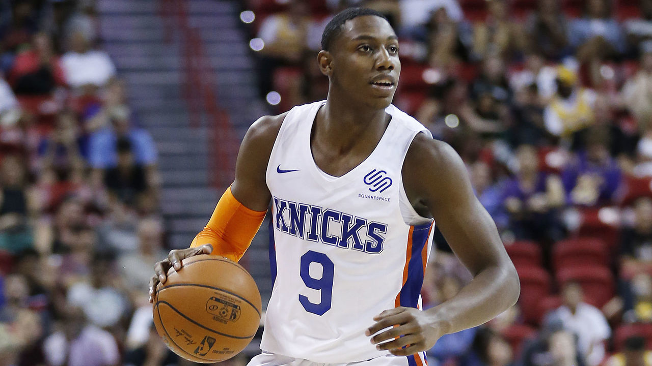 LAS VEGAS, NEVADA - JULY 10: R.J. Barrett #9 of the New York Knicks in action against the Los Angeles Lakers during the 2019 Summer League at the Thomas & Mack Center on July 10, 2019 in Las Vegas, Nevada.