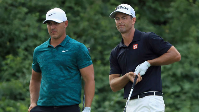 ST LOUIS, MO - AUGUST 12: Brooks Koepka of the United States and Adam Scott of Australia stand on the eighth tee during the final round of the 2018 PGA Championship at Bellerive Country Club on August 12, 2018 in St Louis, Missouri.