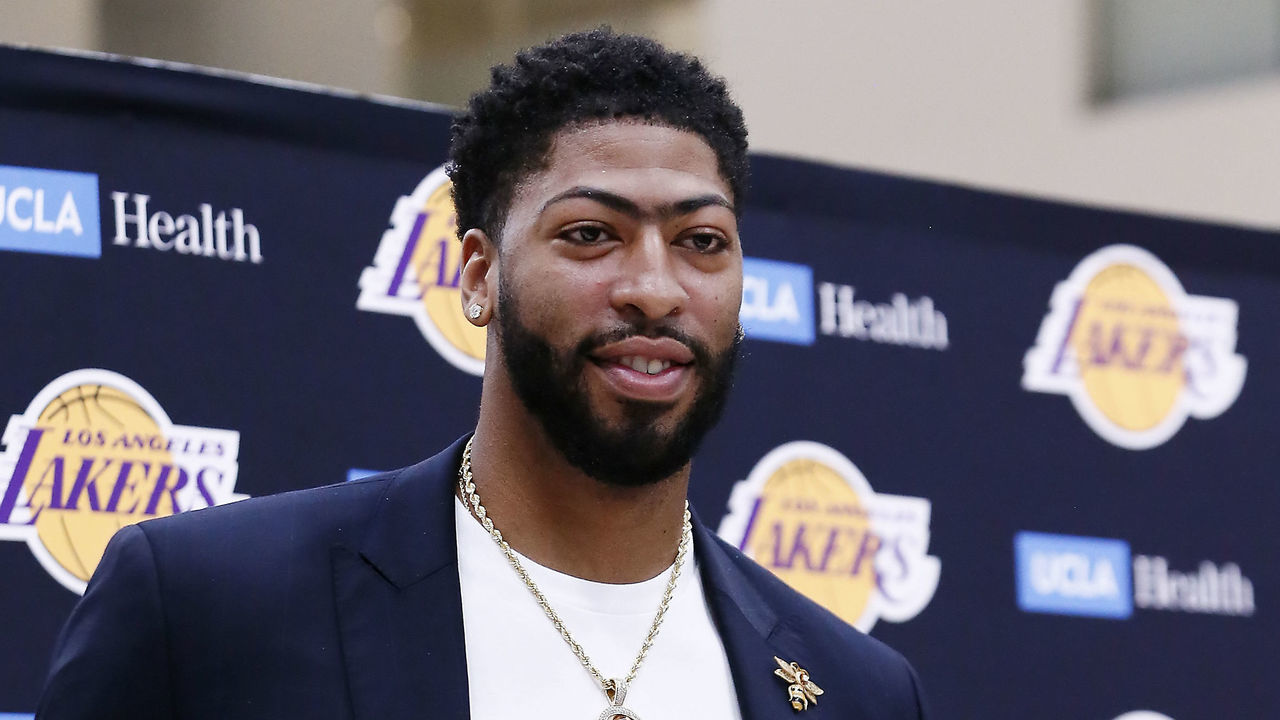 EL SEGUNDO, CA - JULY 13: General Manager Rob Pelinka and Head Coach, Frank Vogel introduce Anthony Davis #3 of the Los Angeles Lakers to the media during a press conference on July 13, 2019 at the UCLA Health Training Center in El Segundo, California. NOTE TO USER: User expressly acknowledges and agrees that, by downloading and/or using this photograph, user is consenting to the terms and conditions of the Getty Images License Agreement. Mandatory Copyright Notice: Copyright 2019 NBAE