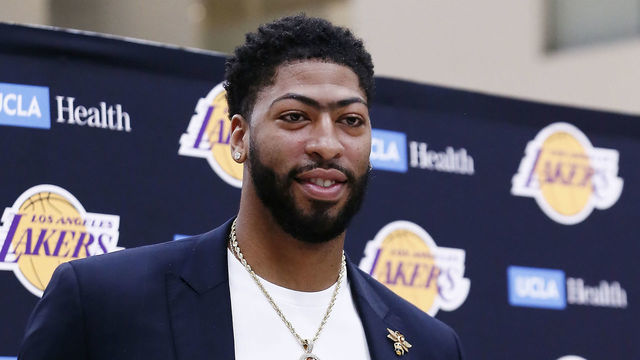 EL SEGUNDO, CA - JULY 13: General Manager Rob Pelinka and Head Coach, Frank Vogel introduce Anthony Davis #3 of the Los Angeles Lakers to the media during a press conference on July 13, 2019 at the UCLA Health Training Center in El Segundo, California. NOTE TO USER: User expressly acknowledges and agrees that, by downloading and/or using this photograph, user is consenting to the terms and conditions of the Getty Images License Agreement. Mandatory Copyright Notice: Copyright 2019 NBAE