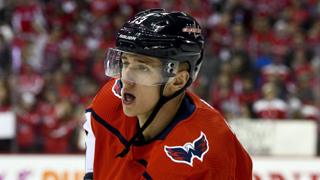WASHINGTON, DC - APRIL 11: Washington Capitals left wing Jakub Vrana (13) warms up for the game against the Carolina Hurricanes on April 11, 2019, at the Capital One Arena in Washington, D.C. in the first round of the Stanley Cup Playoffs.