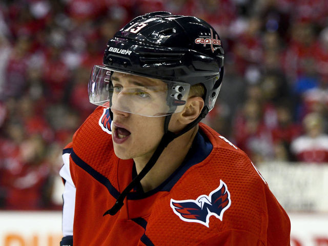 WASHINGTON, DC - APRIL 11: Washington Capitals left wing Jakub Vrana (13) warms up for the game against the Carolina Hurricanes on April 11, 2019, at the Capital One Arena in Washington, D.C. in the first round of the Stanley Cup Playoffs.