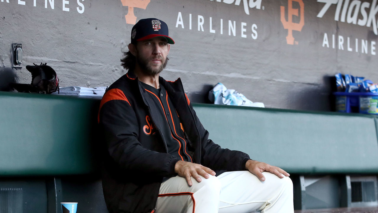 SAN FRANCISCO, CALIFORNIA - JULY 06: Starting pitcher Madison Bumgarner #40 of the San Francisco Giants sits in the dugout before their game against the St. Louis Cardinals at Oracle Park on July 06, 2019 in San Francisco, California.