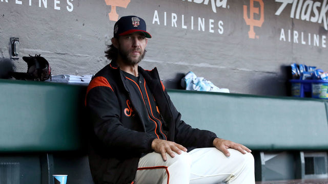SAN FRANCISCO, CALIFORNIA - JULY 06: Starting pitcher Madison Bumgarner #40 of the San Francisco Giants sits in the dugout before their game against the St. Louis Cardinals at Oracle Park on July 06, 2019 in San Francisco, California.