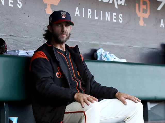 SAN FRANCISCO, CALIFORNIA - JULY 06: Starting pitcher Madison Bumgarner #40 of the San Francisco Giants sits in the dugout before their game against the St. Louis Cardinals at Oracle Park on July 06, 2019 in San Francisco, California.