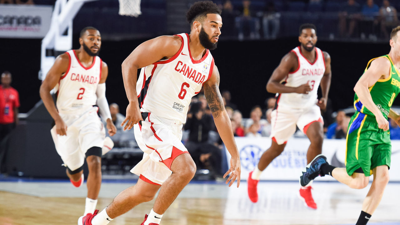 LAVAL, QC - SEPTEMBER 13: Canada point guard Corey Joseph (6) runs while dribbling the ball during the Brazil versus Canada FIBA Basketball WC Qualifier game on September 13, 2018, at Bell Place in Laval, QC