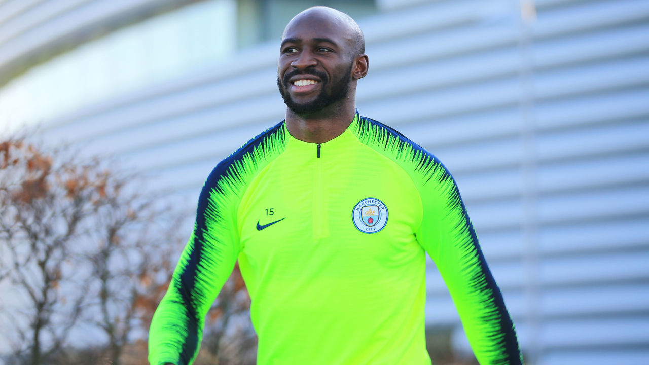 MANCHESTER, ENGLAND - MARCH 28: Manchester City's Eliaquim Mangala walks out to training at Manchester City Football Academy on March 28, 2019 in Manchester, England.