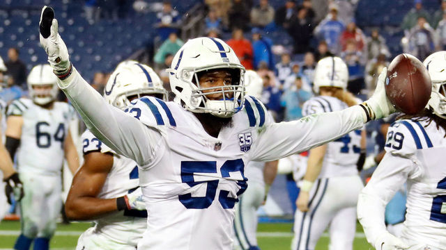 NASHVILLE, TN - DECEMBER 30: Darius Leonard #53 of the Indianapolis Colts celebrates after a touchdown against the Tennessee Titans at Nissan Stadium on December 30, 2018 in Nashville, Tennessee.