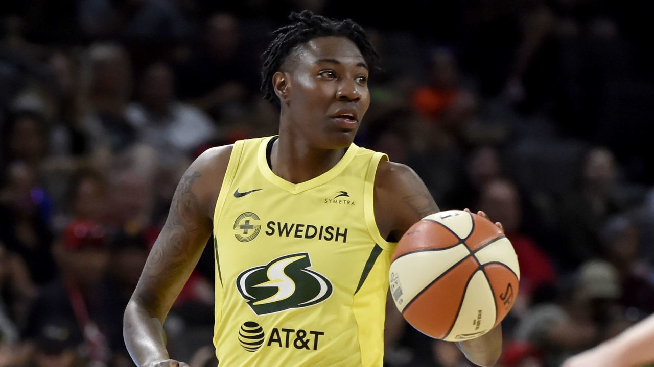 LAS VEGAS, NV - JUNE 25: Natasha Howard #6 of the Seattle Storm handles the ball against the Las Vegas Aces on June 25, 2019 at the Mandalay Bay Events Center in Las Vegas, Nevada. NOTE TO USER: User expressly acknowledges and agrees that, by downloading and/or using this photograph, user is consenting to the terms and conditions of the Getty Images License Agreement. Mandatory Copyright Notice: Copyright 2019 NBAE
