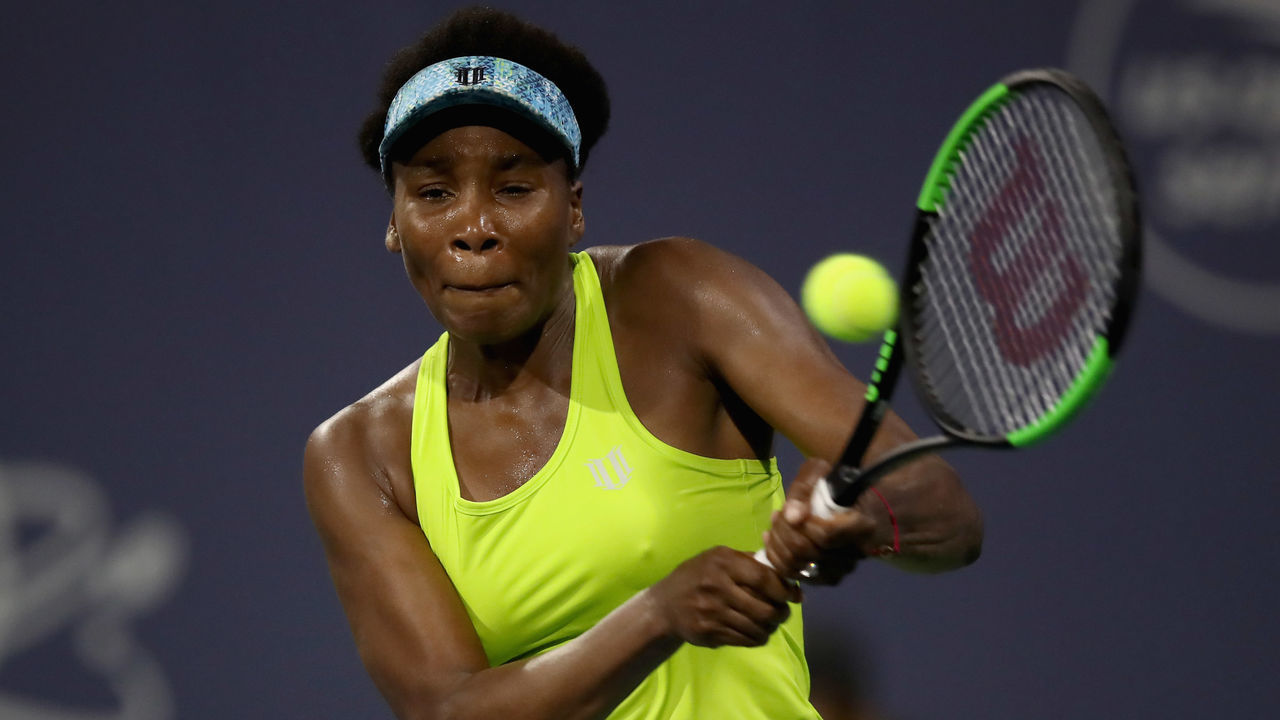 SAN JOSE, CA - AUGUST 03: Venus Williams of the United States returns a shot to Maria Sakkari of Greece during Day 5 of the Mubadala Silicon Valley Classic at Spartan Tennis Complex on August 3, 2018 in San Jose, California.