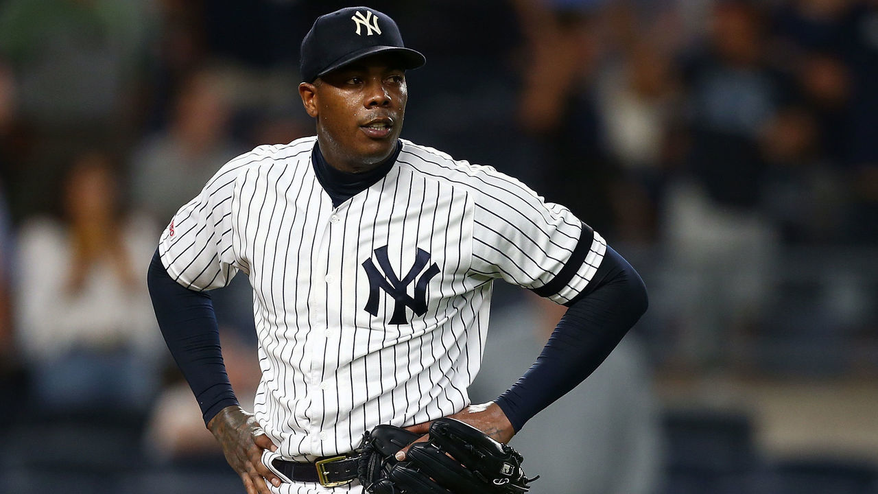 NEW YORK, NEW YORK - JULY 15: Aroldis Chapman #54 of the New York Yankees reacts after giving up a three-run home run to Travis d'Arnaud #37 of the Tampa Bay Rays in the ninth inning at Yankee Stadium on July 15, 2019 in New York City.