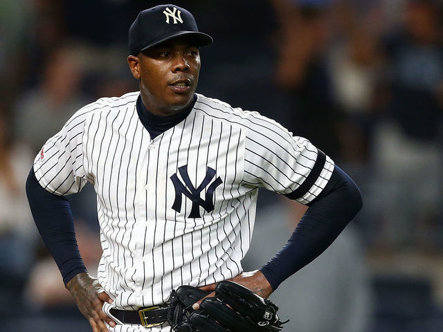 NEW YORK, NEW YORK - JULY 15: Aroldis Chapman #54 of the New York Yankees reacts after giving up a three-run home run to Travis d'Arnaud #37 of the Tampa Bay Rays in the ninth inning at Yankee Stadium on July 15, 2019 in New York City.