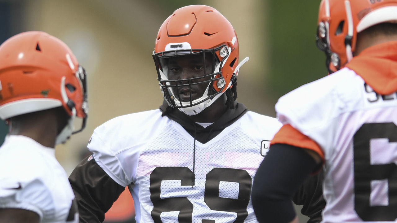 BEREA, OH - MAY 22, 2019: Offensive tackle Desmond Harrison #69 of the Cleveland Browns on the field during an OTA practice on May 22, 2019 at the Cleveland Browns training facility in Berea, Ohio. (Photo by: 2019 Diamond Images/Getty Images)