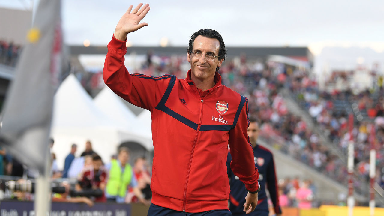 COMMERCE CITY, COLORADO - JULY 15: Arsenal Head Coach Unai Emery waves to the fans during the pre season friendly between Colorado Rapids and Arsenal at Dick's Sporting Goods Park on July 15, 2019 in Commerce City, Colorado.