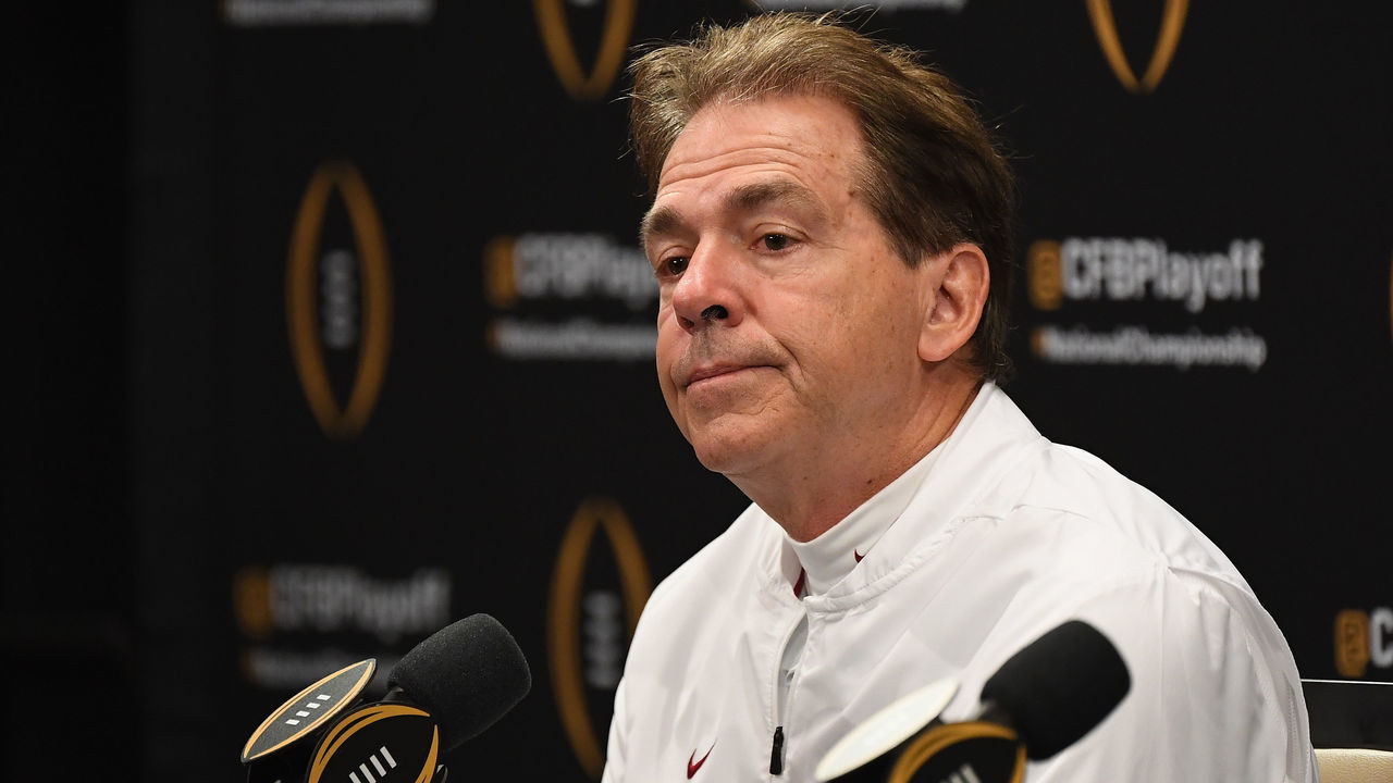 SANTA CLARA, CA - JANUARY 07: Head coach Nick Saban of the Alabama Crimson Tide reacts during the press conference after his teams 44-16 loss to the Clemson Tigers in the CFP National Championship presented by AT&T at Levi's Stadium on January 7, 2019 in Santa Clara, California.