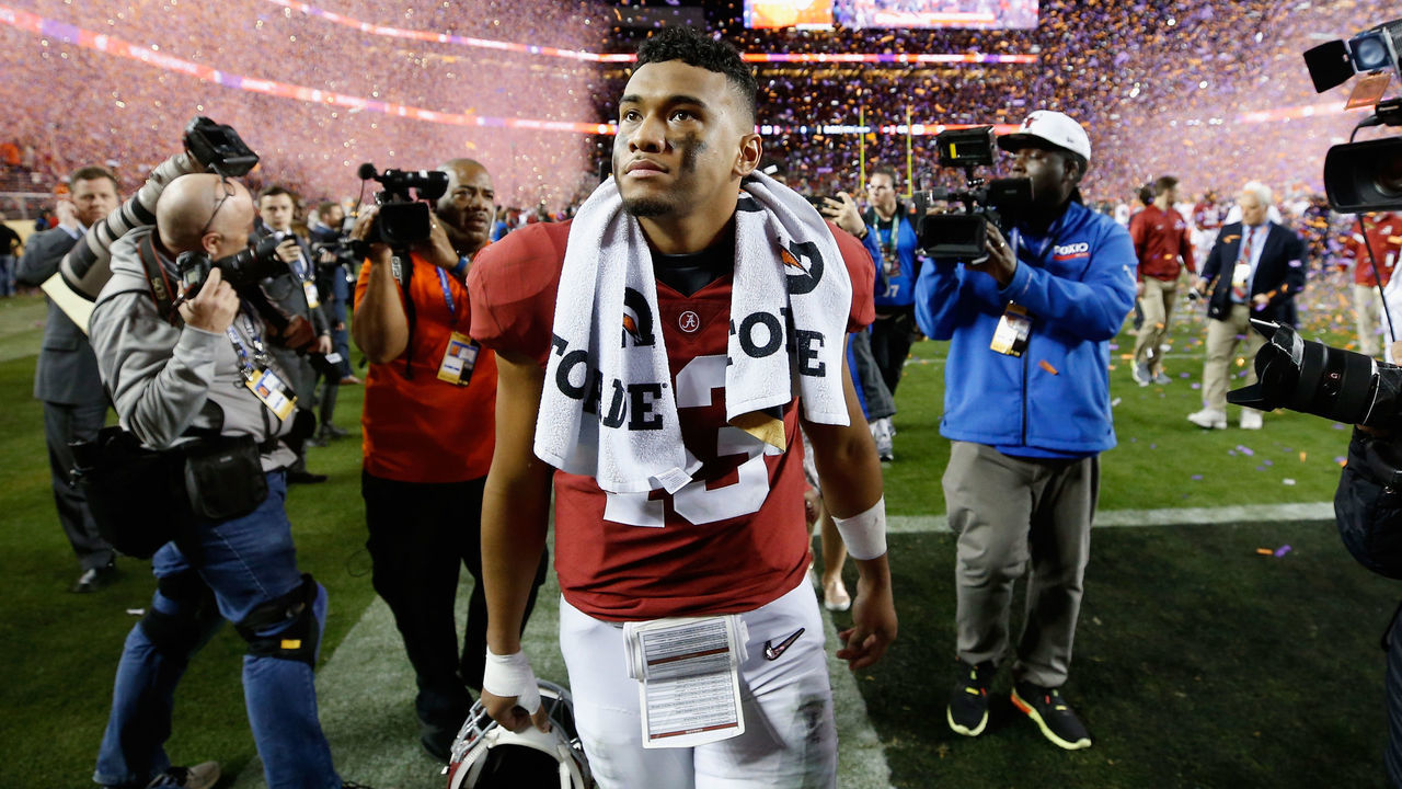 SANTA CLARA, CA - JANUARY 07: Tua Tagovailoa #13 of the Alabama Crimson Tide walks off the field after his teams 44-16 loss to the Clemson Tigers in the CFP National Championship presented by AT&T at Levi's Stadium on January 7, 2019 in Santa Clara, California.