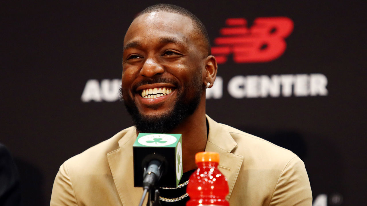 BOSTON, MASSACHUSETTS - JULY 17: Kemba Walker reacts during a press conference as he is introduced as a member of the Boston Celtics at the Auerbach Center at New Balance World Headquarters on July 17, 2019 in Boston, Massachusetts.