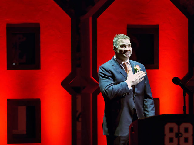 PHILADELPHIA, PA - JANUARY 18: NHL Hall of Famer and former Philadelphia Flyer Eric Lindros reacts to the crowd during his Jersey Retirement Night ceremony, prior to a NHL game between the Philadelphia Flyers and the Toronto Maple Leafs on January 18, 2018 at the Wells Fargo Center in Philadelphia, Pennsylvania.
