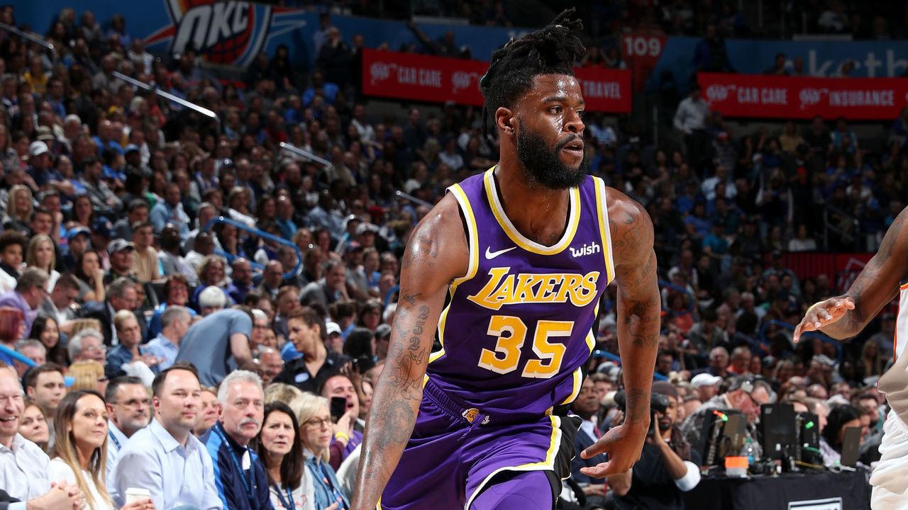 OKLAHOMA CITY, OK- APRIL 2: Reggie Bullock #35 of the Los Angeles Lakers handles the ball against the Oklahoma City Thunder on April 2, 2019 at Chesapeake Energy Arena in Oklahoma City, Oklahoma. Mandatory Copyright Notice: Copyright 2019 NBAE