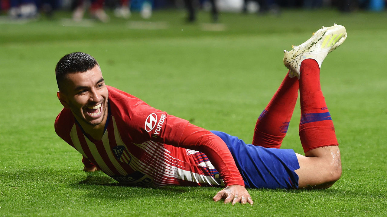 MADRID, SPAIN - APRIL 24: Angel Correa of Atletico Madrid celebrates after scoring his team's third goal during the La Liga match between Club Atletico de Madrid and Valencia CF at Wanda Metropolitano on April 24, 2019 in Madrid, Spain.
