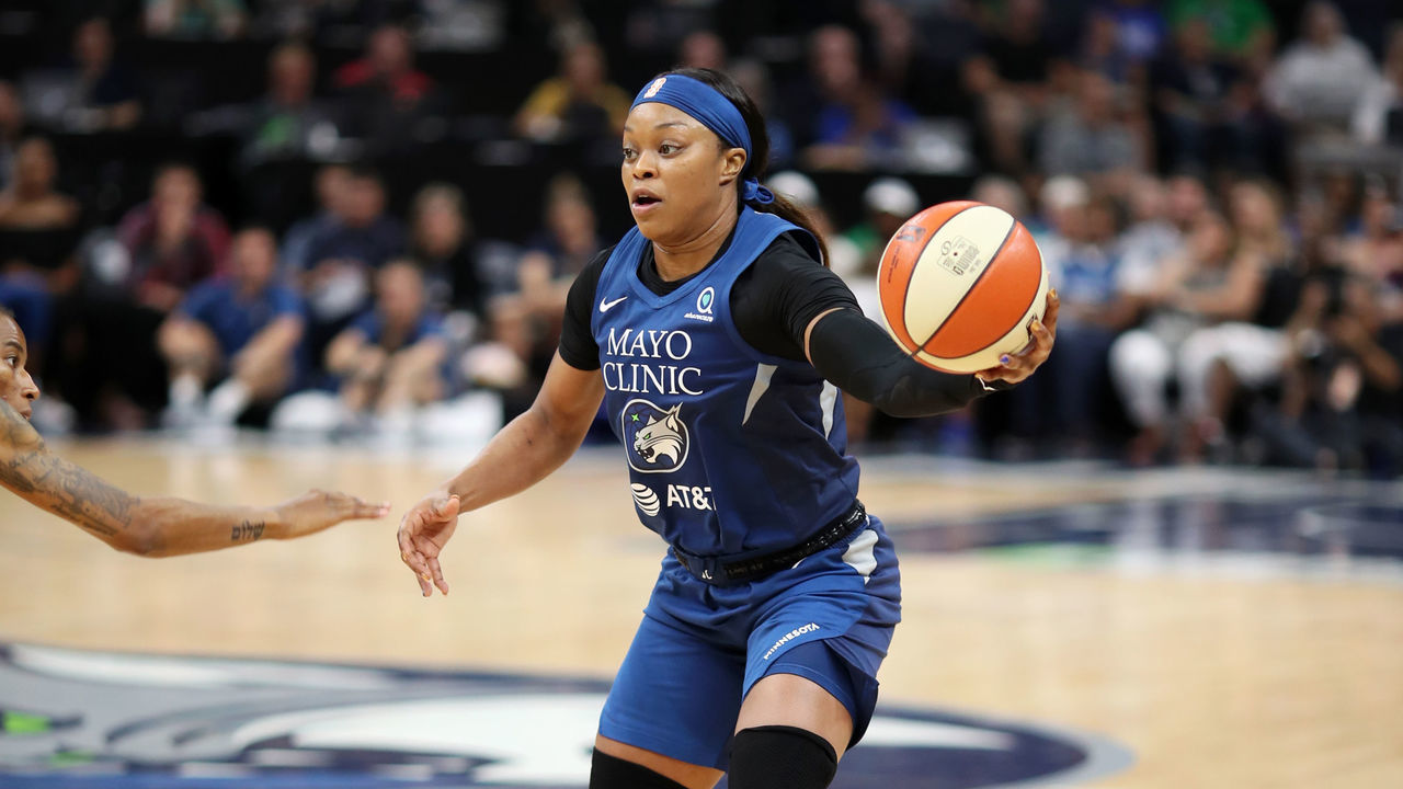 MINNEAPOLIS, MN- JULY 14: Odyssey Sims #1 of the Minnesota Lynx handles the ball against the Phoenix Mercury on July 14, 2019 at the Target Center in Minneapolis, Minnesota. Mandatory Copyright Notice: Copyright 2019 NBAE