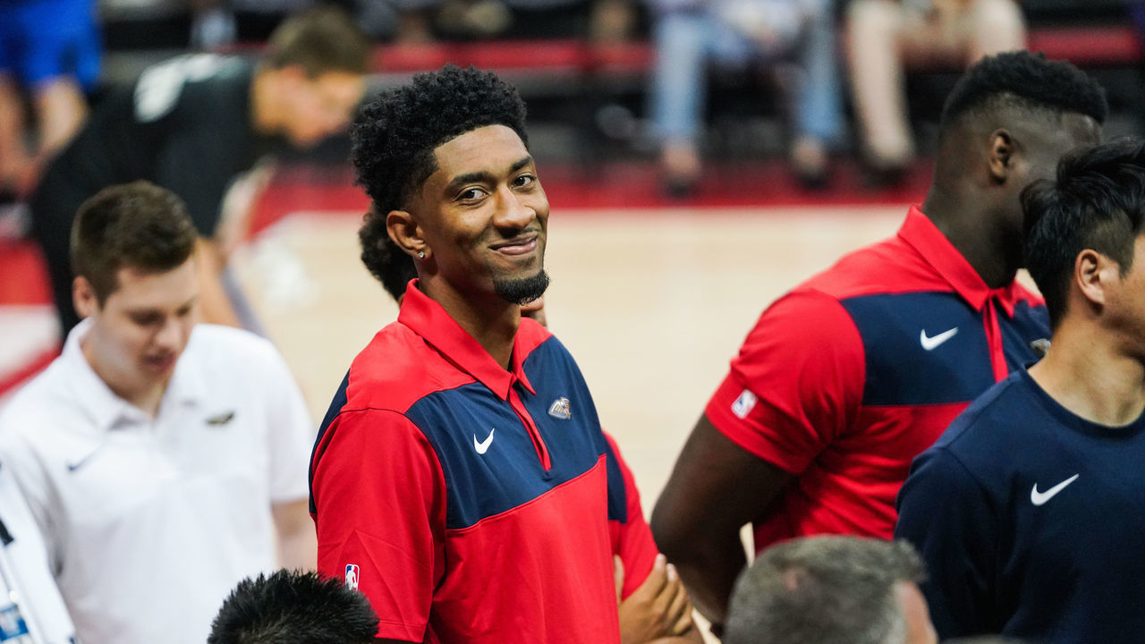 LAS VEGAS, NEVADA - JULY 06: Christian Wood of the New Orleans Pelicans smiles on the side lines during a game against the Washington Wizards at NBA Summer League on July 06, 2019 in Las Vegas, Nevada.