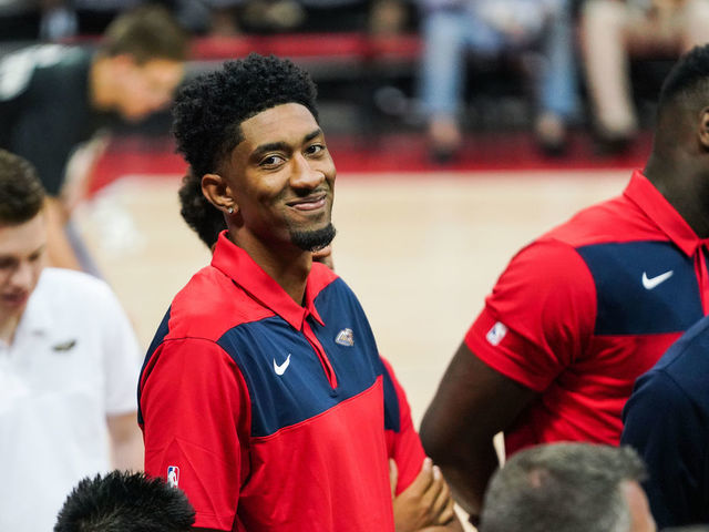 LAS VEGAS, NEVADA - JULY 06: Christian Wood of the New Orleans Pelicans smiles on the side lines during a game against the Washington Wizards at NBA Summer League on July 06, 2019 in Las Vegas, Nevada.