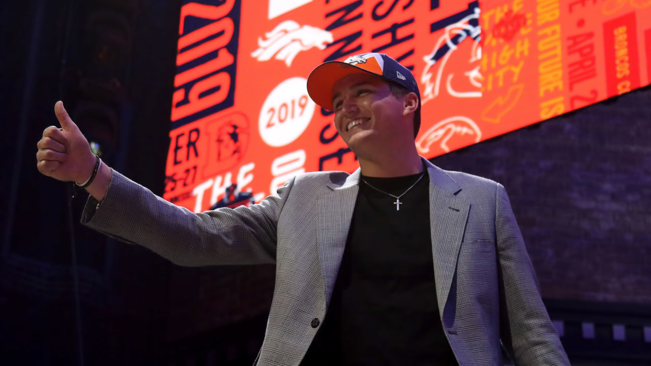 NASHVILLE, TN - APRIL 26: Missouri quarterback Drew Lock and NFL Commissioner Roger Goodell during the second round of the 2019 NFL Draft on April 26, 2019, at the Draft Main Stage on Lower Broadway in downtown Nashville, TN.