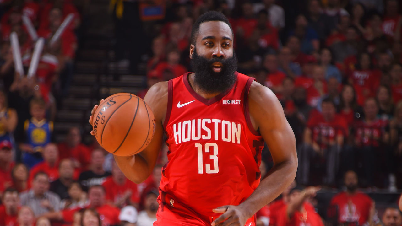 HOUSTON, TX - MAY 10: James Harden #13 of the Houston Rockets handles the ball against the Golden State Warriors during Game Six of the Western Conference Semifinals of the 2019 NBA Playoffs on May 10, 2019 at the Toyota Center in Houston, Texas. NOTE TO USER: User expressly acknowledges and agrees that, by downloading and/or using this photograph, user is consenting to the terms and conditions of the Getty Images License Agreement. Mandatory Copyright Notice: Copyright 2019 NBAE