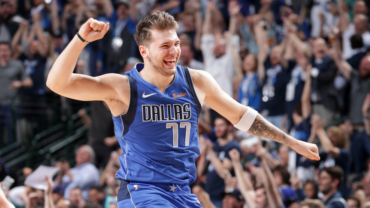 DALLAS, TX - APRIL 9: Luka Doncic #77 of the Dallas Mavericks shows emotion against the Phoenix Suns on April 9, 2019 at the American Airlines Center in Dallas, Texas. Mandatory Copyright Notice: Copyright 2019 NBAE