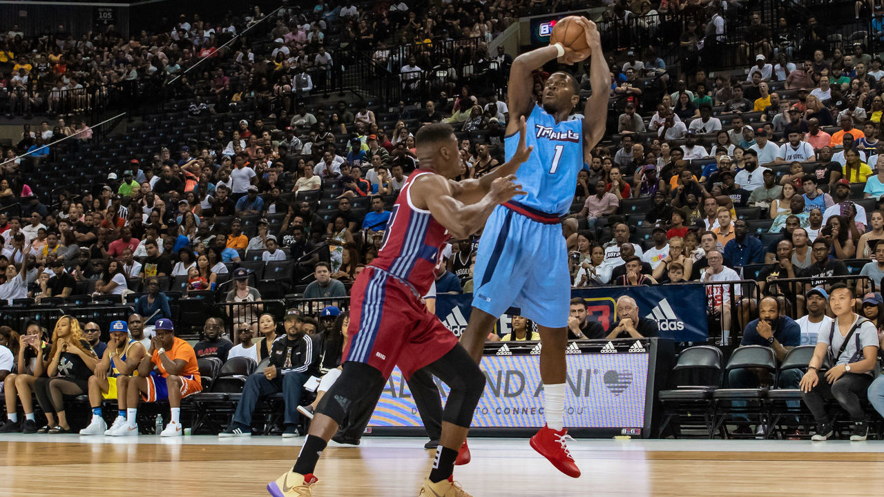 BROOKLYN, NY - JULY 14: Triplets player Joe Johnson (1) shoots the ball during the second half of the BIG3 basketball game between Tri-State and Triplets on July 14, 2019 at Barclays Center in Brooklyn, NY