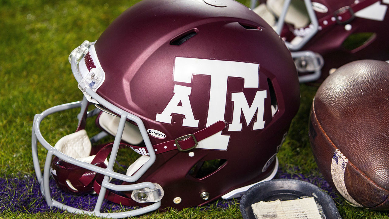 BATON ROUGE, LA - NOVEMBER 25: a Texas A&M helmet rests on the sideline during a game between the Texas A&M Aggies and the LSU Tigers on November 25, 2017 at Tiger Stadium in Baton Rouge, Louisiana.