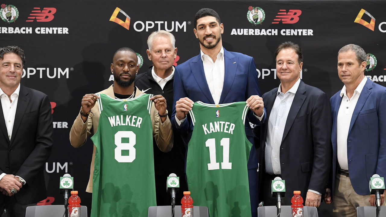 BOSTON, MA - JULY 17: Kemba Walker #8 and Enes Kanter #11 of the Boston Celtics pose for a photo during the introductory press conference on July 17, 2019 at the Auerbach Center in Boston, Massachusetts. NOTE TO USER: User expressly acknowledges and agrees that, by downloading and/or using this photograph, user is consenting to the terms and conditions of the Getty Images License Agreement. Mandatory Copyright Notice: Copyright 2019 NBAE