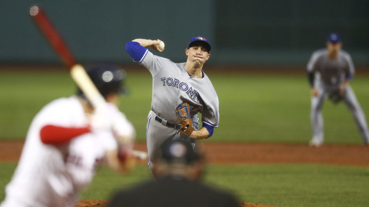 BOSTON, MASSACHUSETTS - JULY 17: Starting pitcher Aaron Sanchez #41 of the Toronto Blue Jays pitches in the bottom of the second inning of the game against the Boston Red Sox at Fenway Park on July 17, 2019 in Boston, Massachusetts.