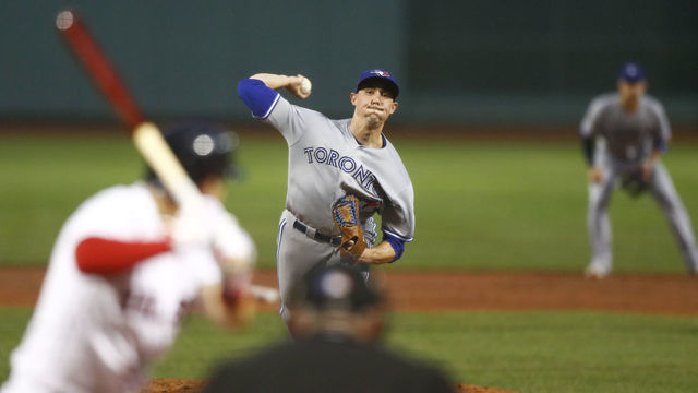 BOSTON, MASSACHUSETTS - JULY 17: Starting pitcher Aaron Sanchez #41 of the Toronto Blue Jays pitches in the bottom of the second inning of the game against the Boston Red Sox at Fenway Park on July 17, 2019 in Boston, Massachusetts.