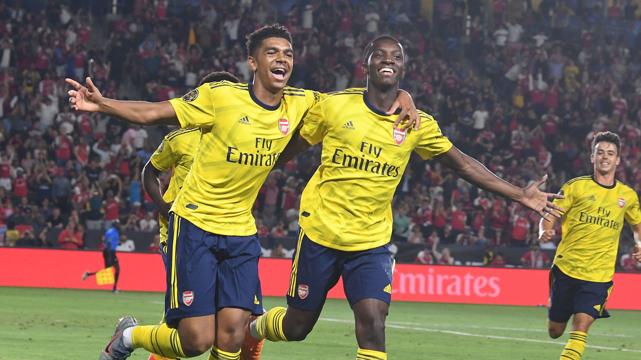 CARSON, CALIFORNIA - JULY 17: (R) Eddie Nketiah celebrates scoting the 2nd Arsenal goal with Tyreece John-Jules during the friendly match between Arsenal and FC Bayern Munich at Dignity Health Sports Park on July 17, 2019 in Carson, California.