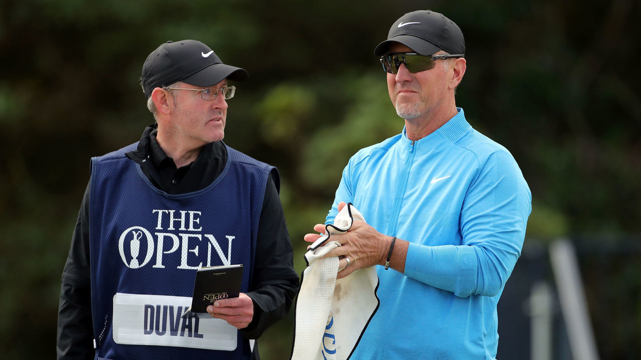 USA's David Duval (right) on the 4th green during day one of The Open Championship 2019 at Royal Portrush Golf Club.